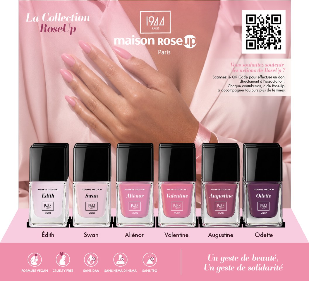 Présentoir Vernis Collection RoseUp 1944 Paris — 6 teintes et QR code de don
