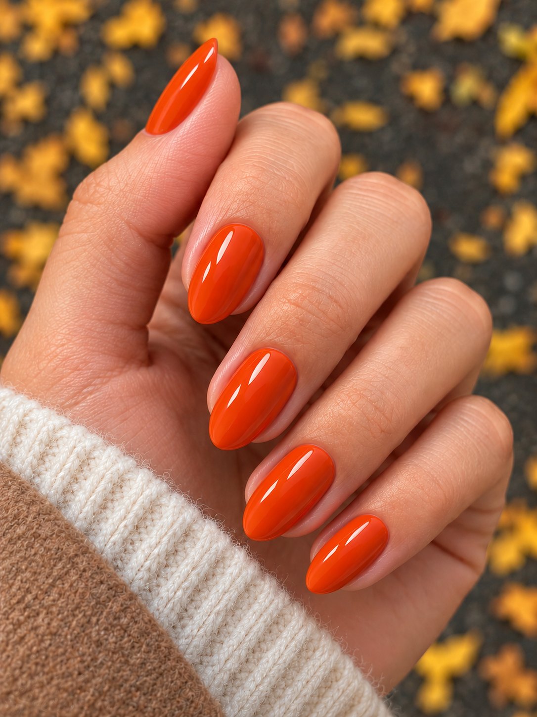 Main avec manucure gel orange Été Indien 1944 Paris